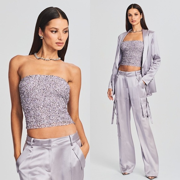 NWT RETROFETE Hand Stitched Smoky Lavender Sequin Beaded Strapless Crop Top XS - Picture 1 of 7